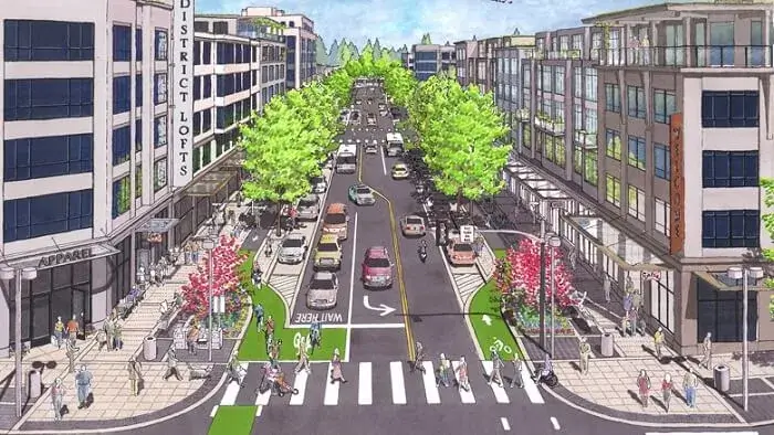 Cartoon image of a street with trees, bike lane, and crosswalk.