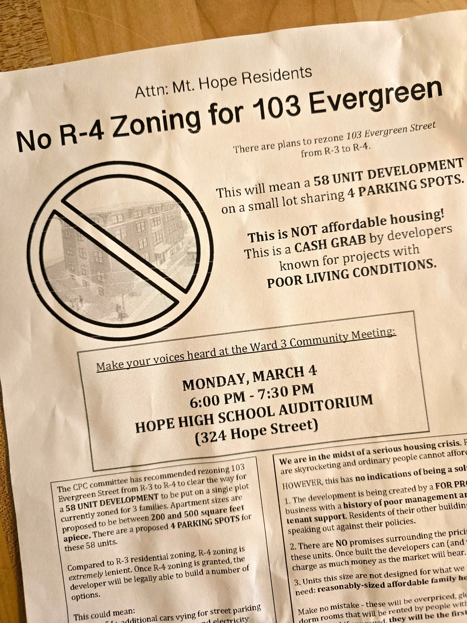Rhode Island, Providence flyer indicating No R-4 zoning for 103 Evergreen.