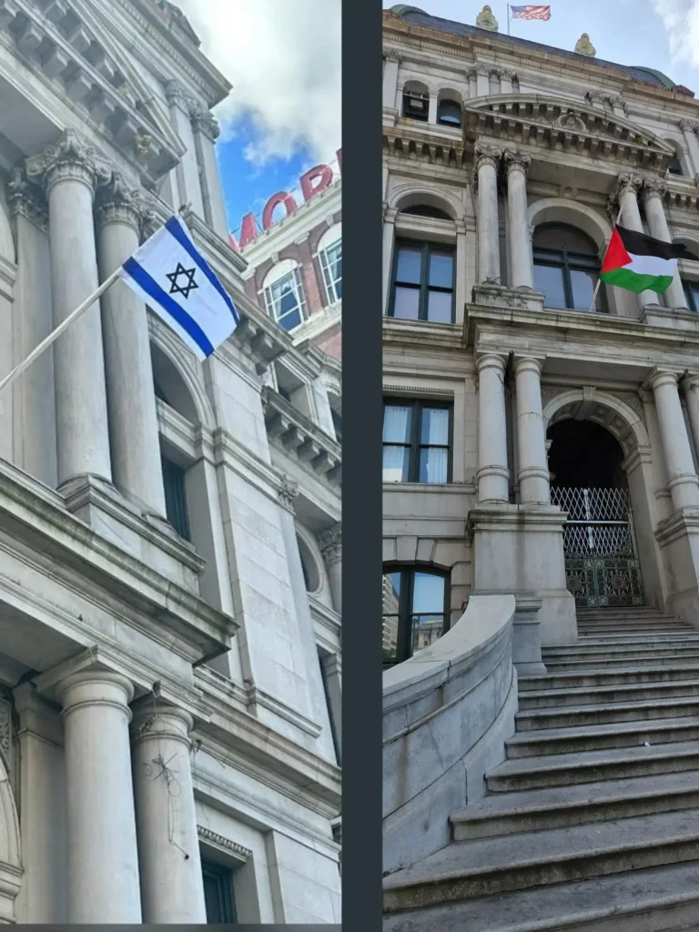 Providence raising Israeli and Palestinian flags.
